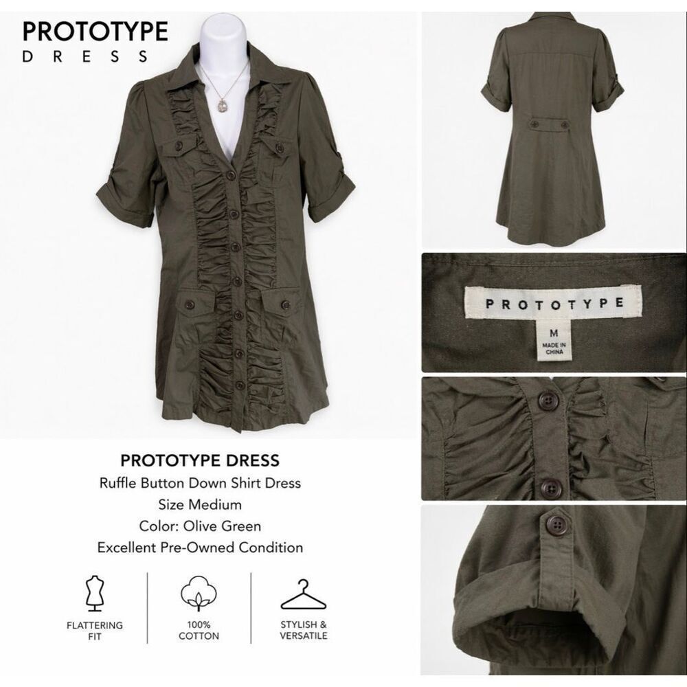 PROTOTYPE AUTHENTIC Quality Apparel Green Button Down Gathered Dress Size L
